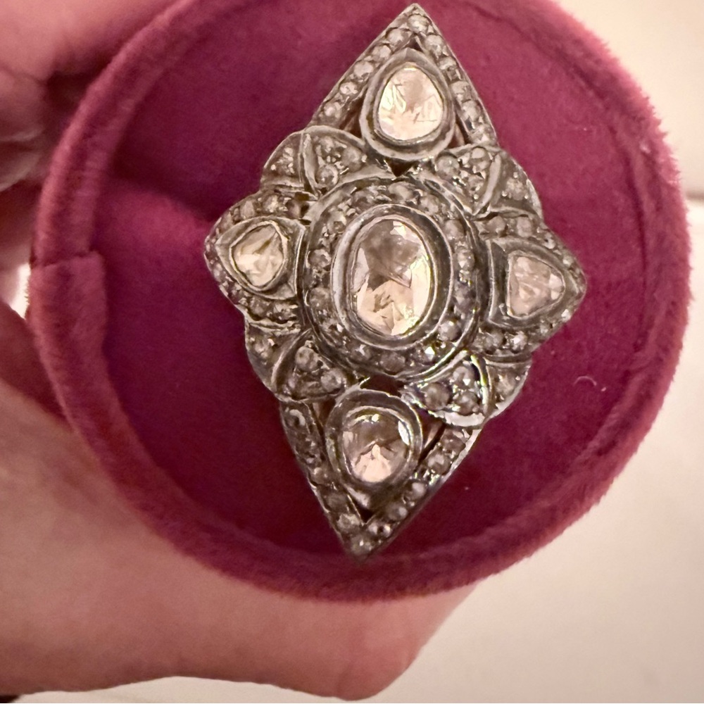 Vintage Rose Cut Diamond Ring Silver with Gold Band and backing. Size 7 3/4